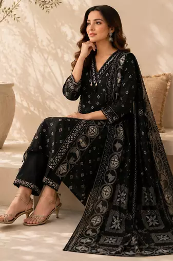Pure cotton printed black kurta & pant with dupatta set for women