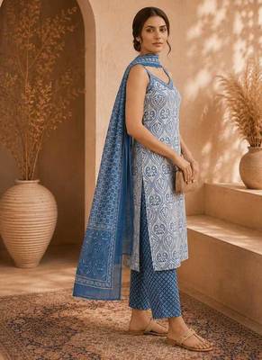 Blue & white pure cotton kurta, pant & dupatta set for women 2