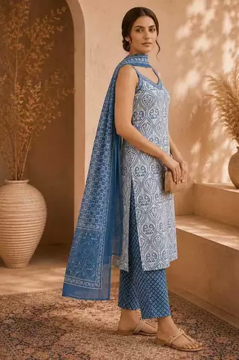 Blue & white pure cotton kurta, pant & dupatta set for women