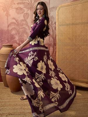 Purple cotton floral print kurta & trousers with dupatta set for women 4