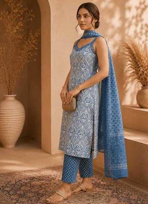 Blue & white pure cotton kurta, pant & dupatta set for women 3