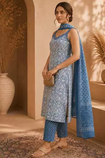 Blue & white pure cotton kurta, pant & dupatta set for women