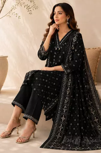 Pure cotton printed black kurta & pant with dupatta set for women