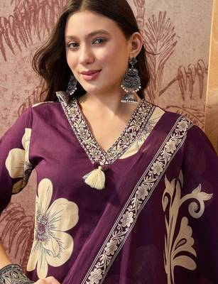 Purple cotton floral print kurta & trousers with dupatta set for women 5
