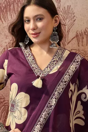 Purple cotton floral print kurta & trousers with dupatta set for women