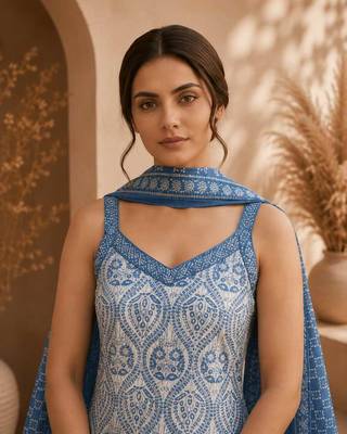 Blue & white pure cotton kurta, pant & dupatta set for women 4