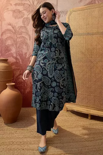 Teal blue cotton floral print kurta & trousers with dupatta set for women