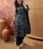 Teal blue cotton floral print kurta & trousers with dupatta set for women