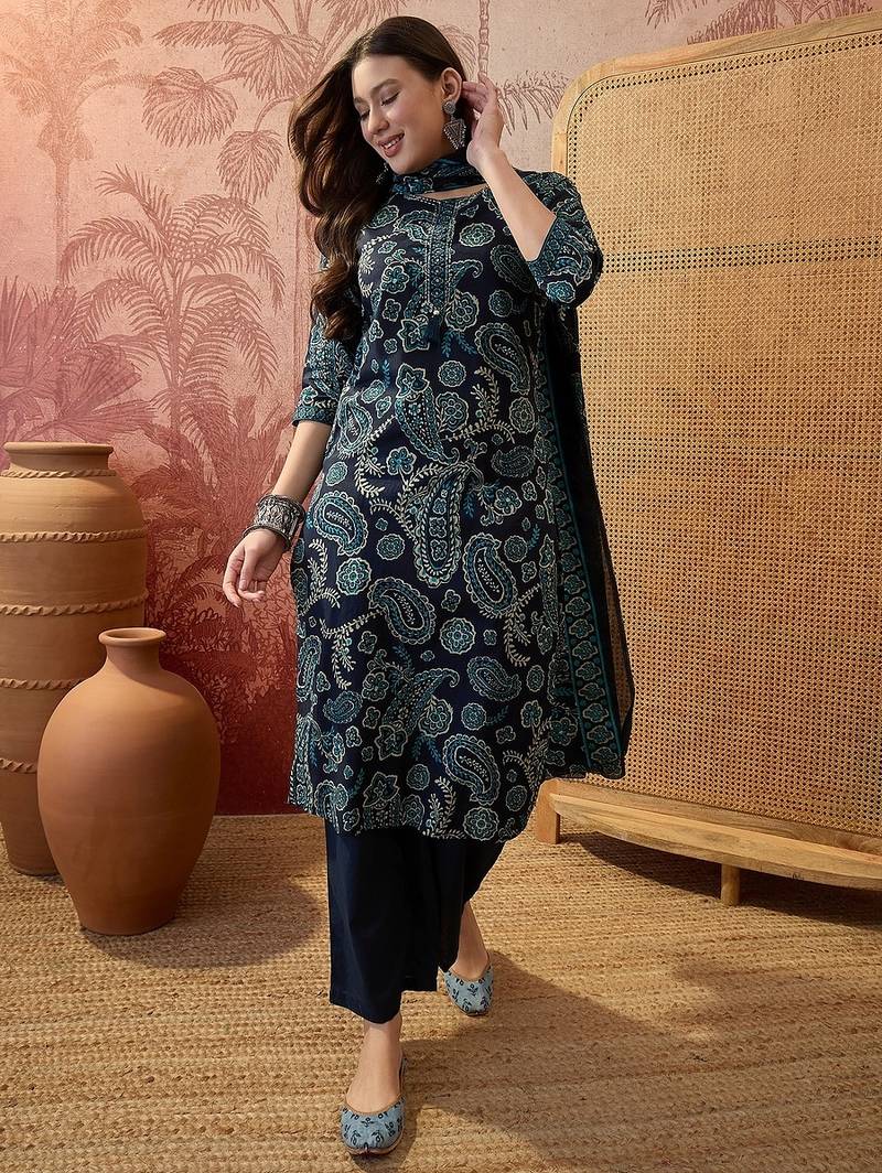 Teal blue cotton floral print kurta & trousers with dupatta set for women