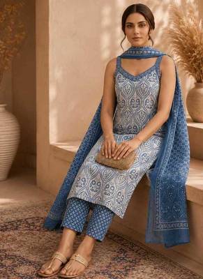 Blue & white pure cotton kurta, pant & dupatta set for women 5