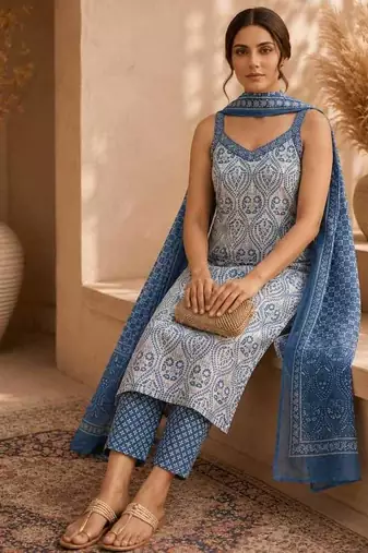 Blue & white pure cotton kurta, pant & dupatta set for women