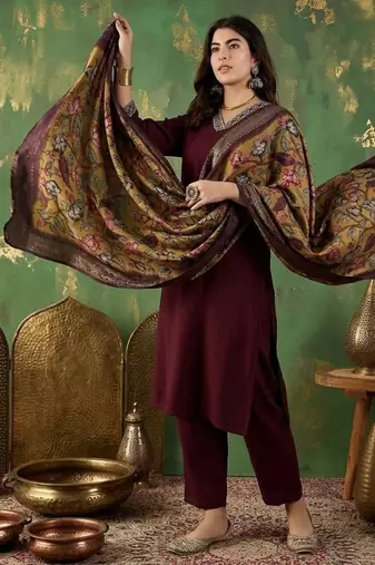 Maroon straight kurta with trousers & dupatta set for women