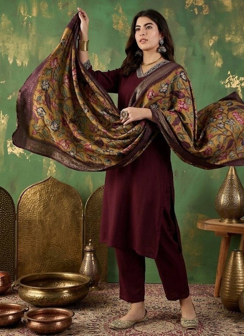 Maroon straight kurta with trousers & dupatta set for women