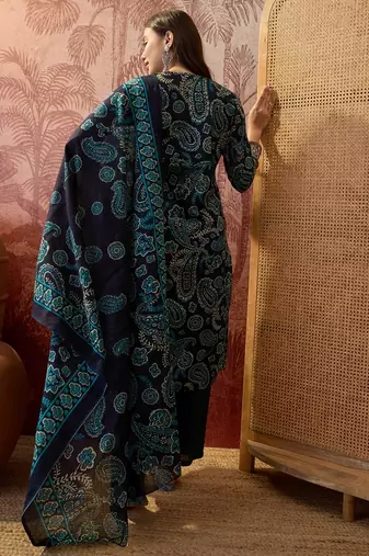 Teal blue cotton floral print kurta & trousers with dupatta set for women