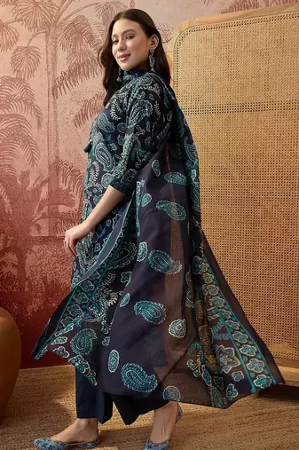Teal blue cotton floral print kurta & trousers with dupatta set for women