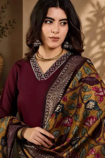 Maroon straight kurta with trousers & dupatta set for women