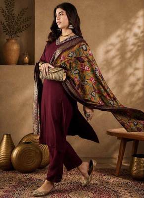 Maroon straight kurta with trousers & dupatta set for women 3