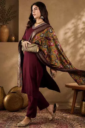 Maroon straight kurta with trousers & dupatta set for women