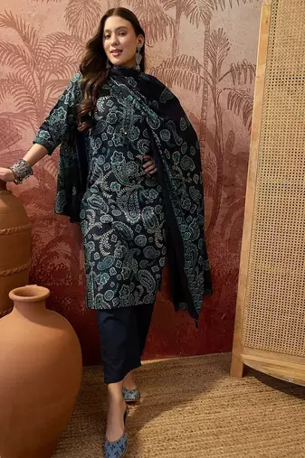 Teal blue cotton floral print kurta & trousers with dupatta set for women