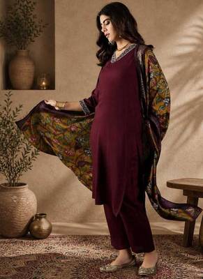 Maroon straight kurta with trousers & dupatta set for women 4