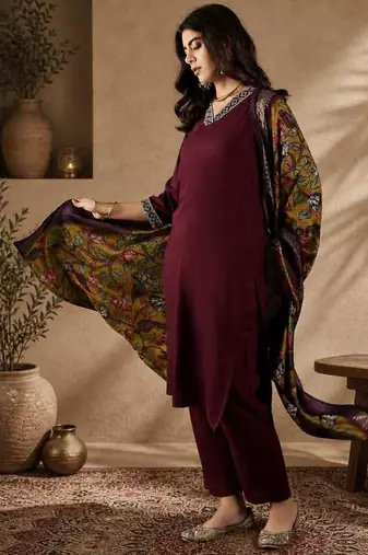 Maroon straight kurta with trousers & dupatta set for women