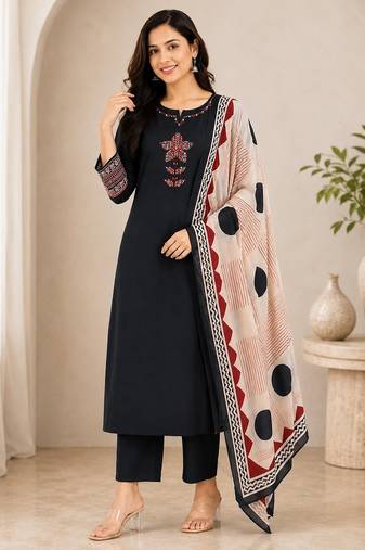 Pure cotton ethnic print black kurta & pant with dupatta set for women