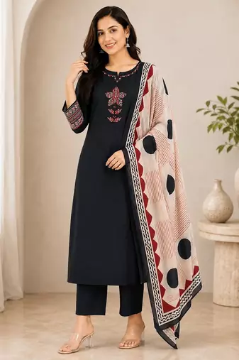 Pure cotton ethnic print black kurta & pant with dupatta set for women
