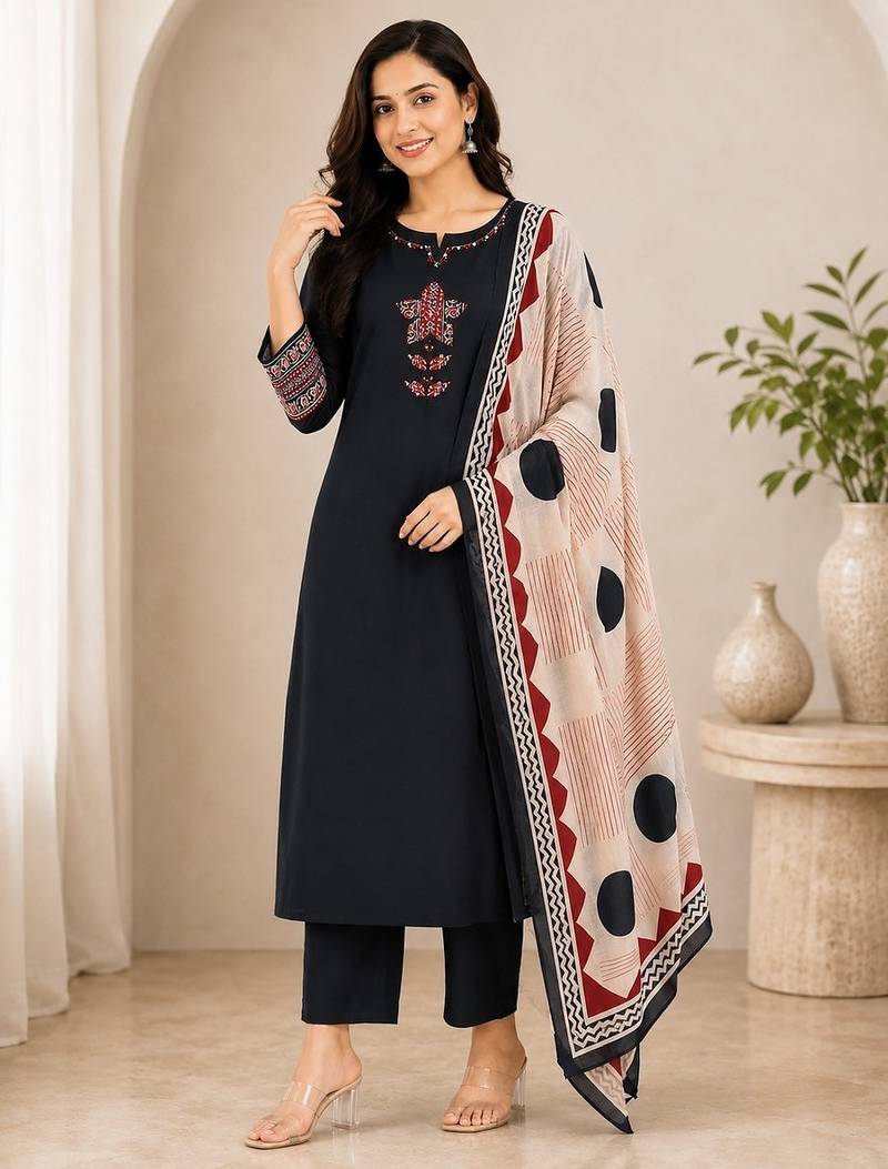 Pure cotton ethnic print black kurta & pant with dupatta set for women