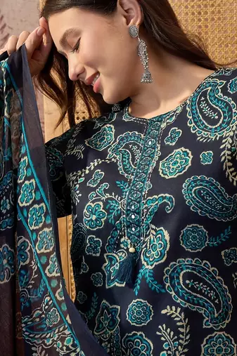 Teal blue cotton floral print kurta & trousers with dupatta set for women