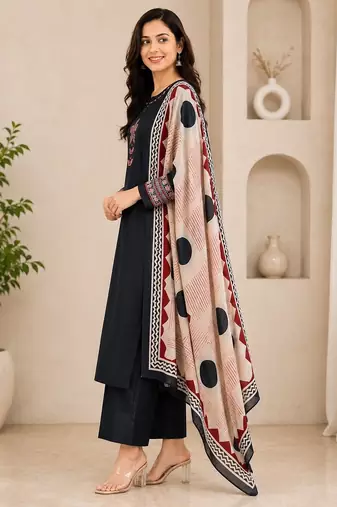 Pure cotton ethnic print black kurta & pant with dupatta set for women