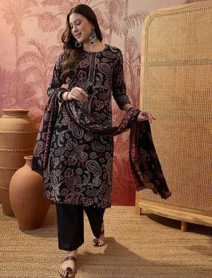 Black cotton floral print kurta & trousers with dupatta set for women 1