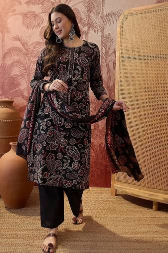 Black cotton floral print kurta & trousers with dupatta set for women