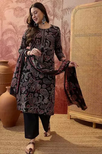 Black cotton floral print kurta & trousers with dupatta set for women
