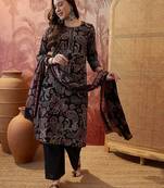 Black cotton floral print kurta & trousers with dupatta set for women