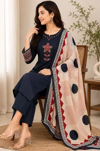 Pure cotton ethnic print black kurta & pant with dupatta set for women