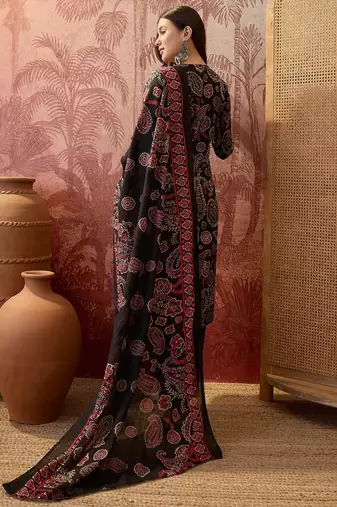 Black cotton floral print kurta & trousers with dupatta set for women