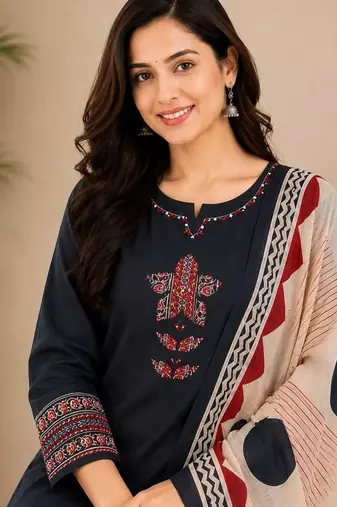 Pure cotton ethnic print black kurta & pant with dupatta set for women