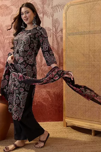 Black cotton floral print kurta & trousers with dupatta set for women
