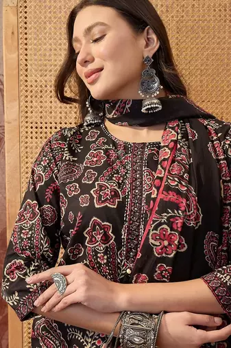Black cotton floral print kurta & trousers with dupatta set for women