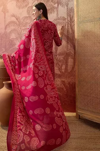 Pink cotton floral print kurta & trousers with dupatta set for women