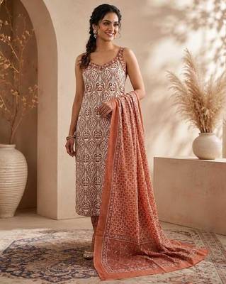 Brown & white pure cotton kurta, pant & dupatta set for women 1