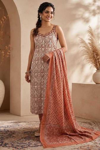 Brown & white pure cotton kurta, pant & dupatta set for women