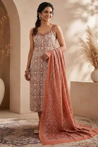 Brown & white pure cotton kurta, pant & dupatta set for women