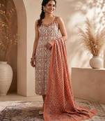 Brown & white pure cotton kurta, pant & dupatta set for women