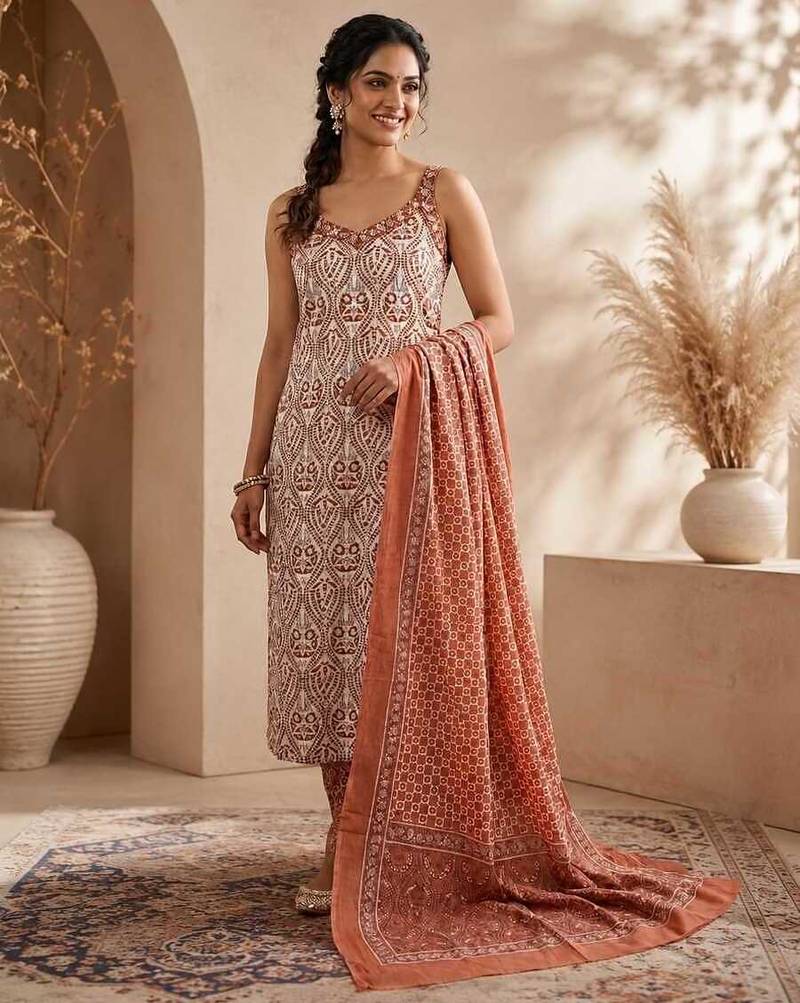 Brown & white pure cotton kurta, pant & dupatta set for women