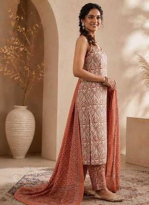 Brown & white pure cotton kurta, pant & dupatta set for women 2