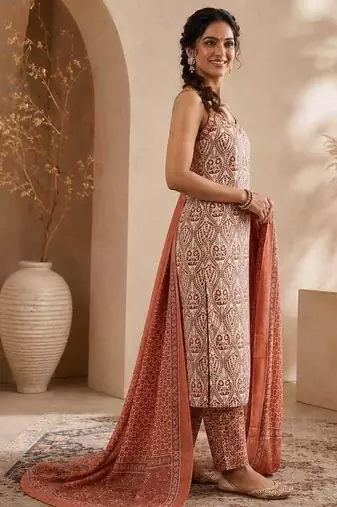 Brown & white pure cotton kurta, pant & dupatta set for women