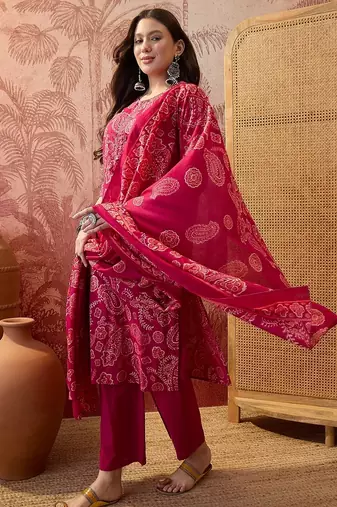 Pink cotton floral print kurta & trousers with dupatta set for women