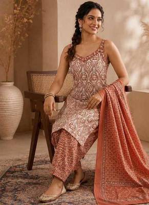 Brown & white pure cotton kurta, pant & dupatta set for women 4
