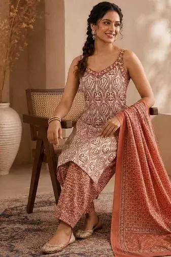 Brown & white pure cotton kurta, pant & dupatta set for women